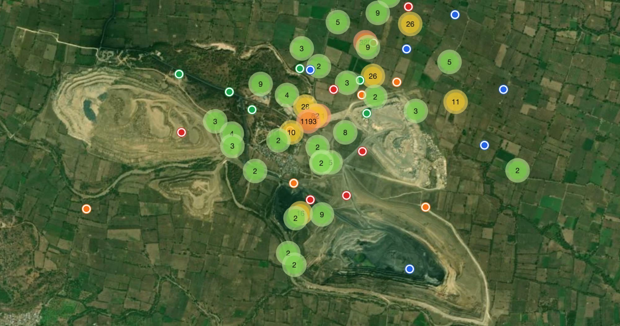 Satellite view of the mine with a pin for every trip, diesel fill and shift start, grouped where they happen